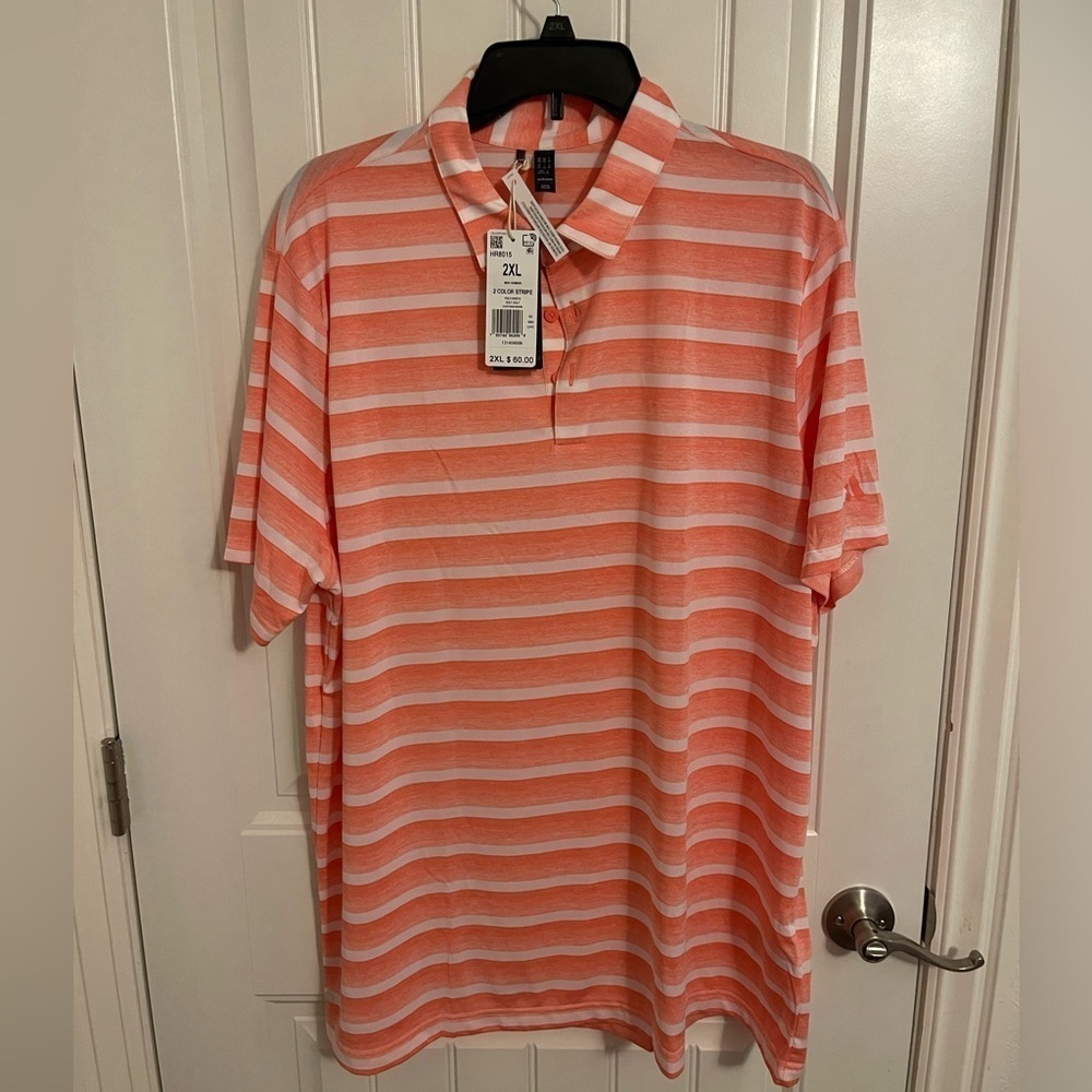 Adidas Two Color Striped‎ Golf Polo Shirt Mens 2XL Coral Fusion White SOFT!
